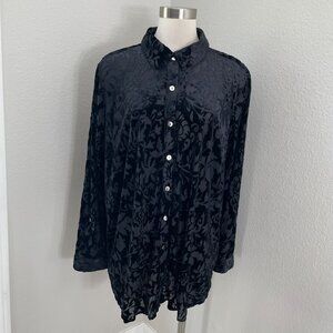 NEW Catherines Womens Plus 2X Black Velvet Burnout Shirt Long Sleeve Button Up